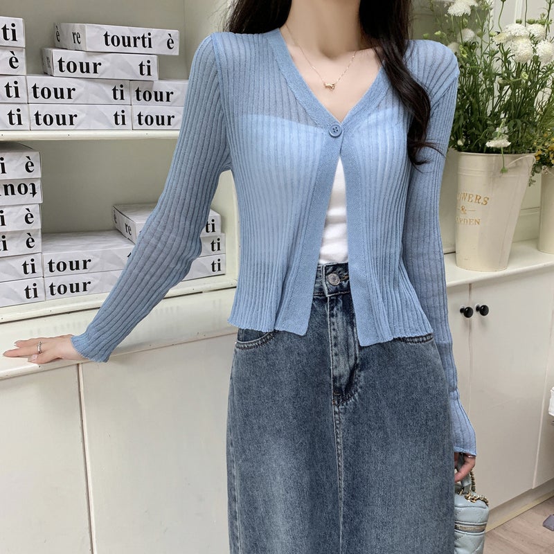 Ice Silk Thin Knitted Cardigan Jacket Womens Summer New Style Small Shawl V-Neck Short Air-conditioning Shirt Sunscreen Clothes Blue - Image 1