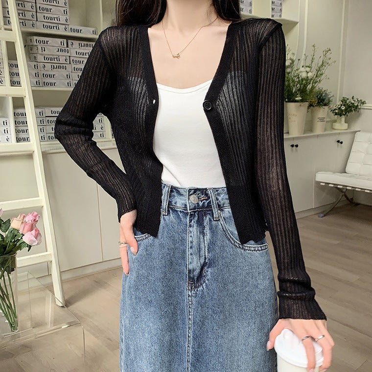 Ice Silk Thin Knitted Cardigan Jacket Womens Summer New Style Small Shawl V-Neck Short Air-conditioning Shirt Sunscreen Clothes Blue - Image 3