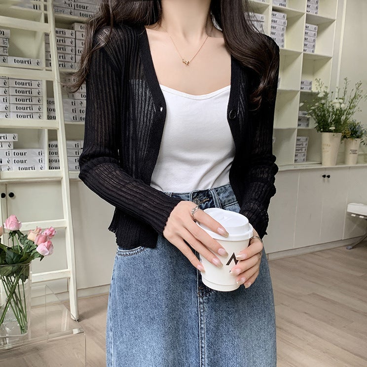 Ice Silk Thin Knitted Cardigan Jacket Womens Summer New Style Small Shawl V-Neck Short Air-conditioning Shirt Sunscreen Clothes Blue - Image 4