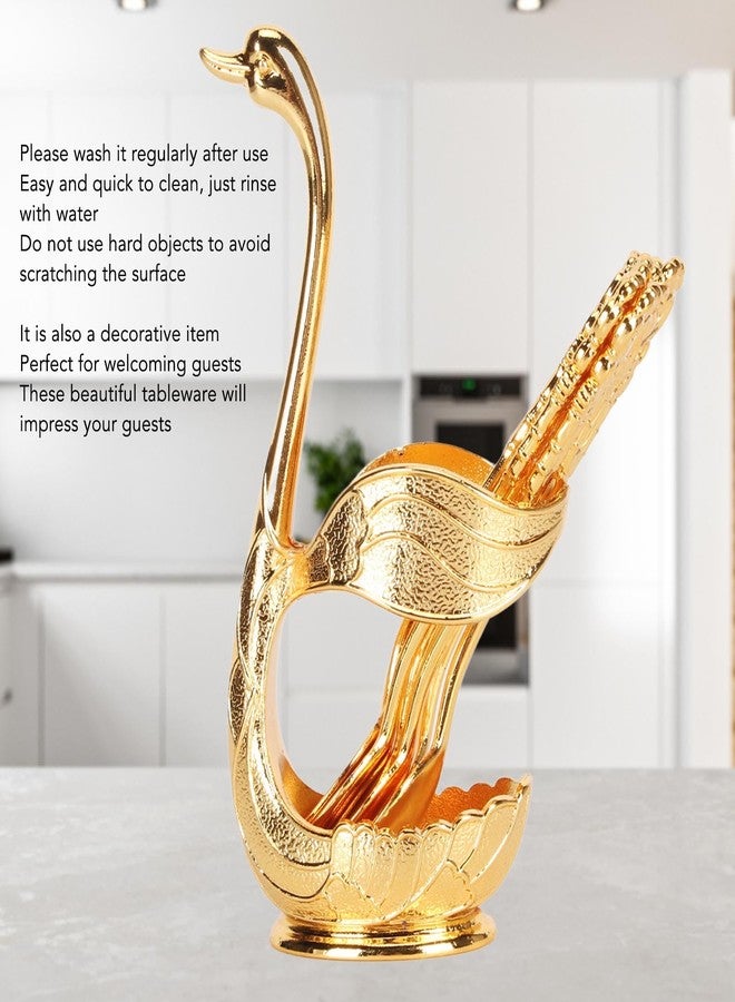 Restokki Coffee Spoon Set, Metal Swan Base Holder Dessert Spoon Organizer with 6pcs Spoons Teaspoon Dessert Flatware Set for Coffee Fruit Dessert Ice Cream Cake (Gold) - Image 4