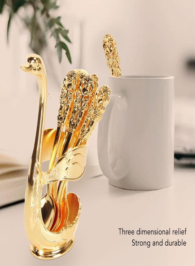 Restokki Coffee Spoon Set, Metal Swan Base Holder Dessert Spoon Organizer with 6pcs Spoons Teaspoon Dessert Flatware Set for Coffee Fruit Dessert Ice Cream Cake (Gold) - Image 3