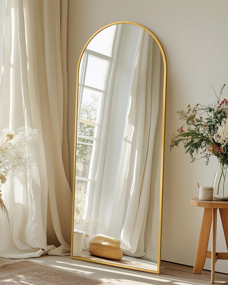 Coomily Full Length Mirror with Stand, 56"x15" Arched Full Body Mirror, Large Stand Up Aluminum Frame Floor Freestanding Hanging Leaning Mounted for Bedroom Living Room Entryway Gold - Image 3