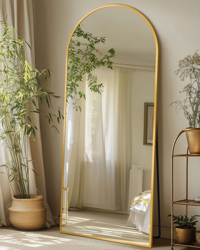 Coomily Full Length Mirror with Stand, 56"x15" Arched Full Body Mirror, Large Stand Up Aluminum Frame Floor Freestanding Hanging Leaning Mounted for Bedroom Living Room Entryway Gold - Image 1
