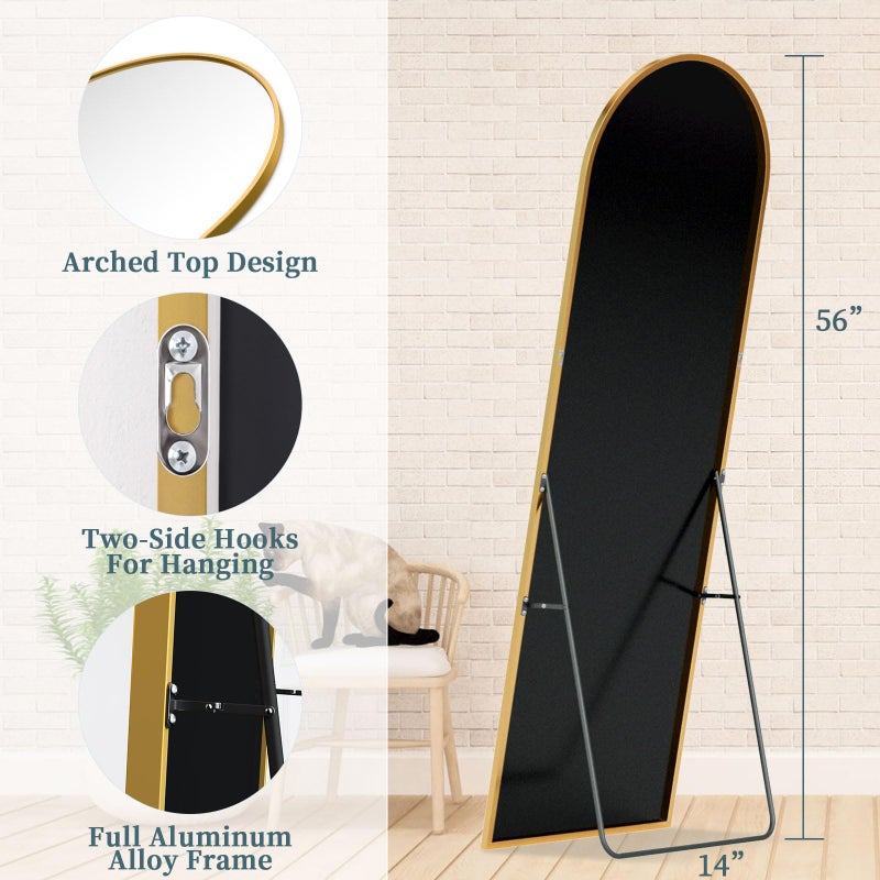 Coomily Full Length Mirror with Stand, 56"x15" Arched Full Body Mirror, Large Stand Up Aluminum Frame Floor Freestanding Hanging Leaning Mounted for Bedroom Living Room Entryway Gold - Image 5