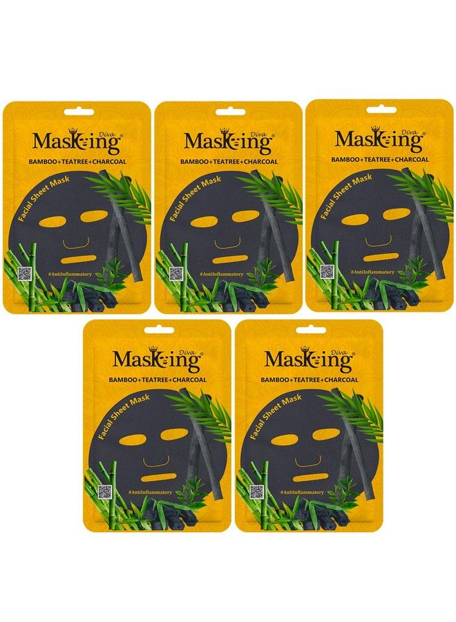 MASKING Charcoal Bamboo Facial Sheet Mask Skin Detox And Cleansing Bamboo Teatree & Charcoal Sheet Mask For Women Men 25Ml Each Pack Of 05  - Image 2