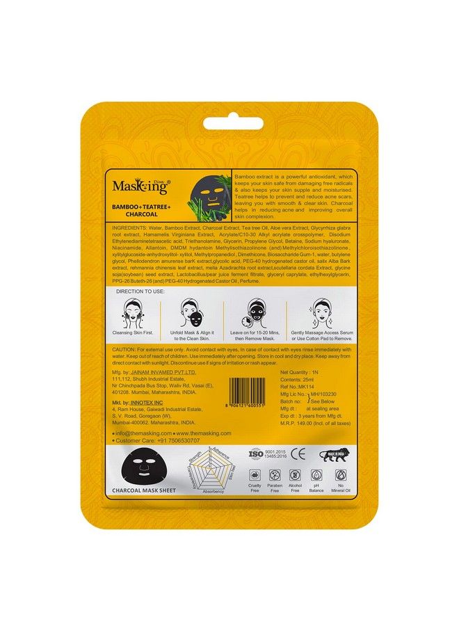 MASKING Charcoal Bamboo Facial Sheet Mask Skin Detox And Cleansing Bamboo Teatree & Charcoal Sheet Mask For Women Men 25Ml Each Pack Of 05  - Image 3