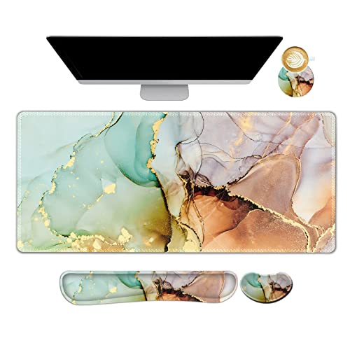 ARTSO Large Gaming Mouse Pad, Keyboard Wrist Rest Pad & Wrist Support Mousepad Set, Stitched Edge, Extended, Non-Slip Base, Memory Foam Desk Mat for Office, Home, Abstract Art Marble - Image 1