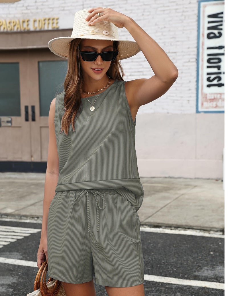 LOMON 2 Piece Matching Shorts Sets for Women Casual Summer Travel Vacation Outfits Plaid Sleeveless Lounge Sets - Image 4