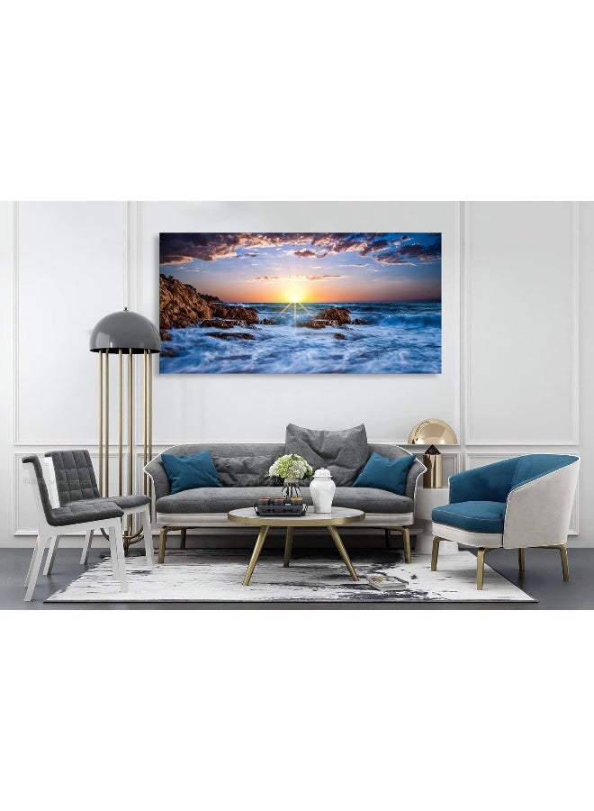 Muolunna BK05875 Wall Art Decor Canvas Print Picture Sunset Blue Ocean 1 Panel Sea Waves Scenery Painting Artwork for Office Wall Decor Home Decoration Stretched and Framed Ready to Hang 30x60inch - Image 2