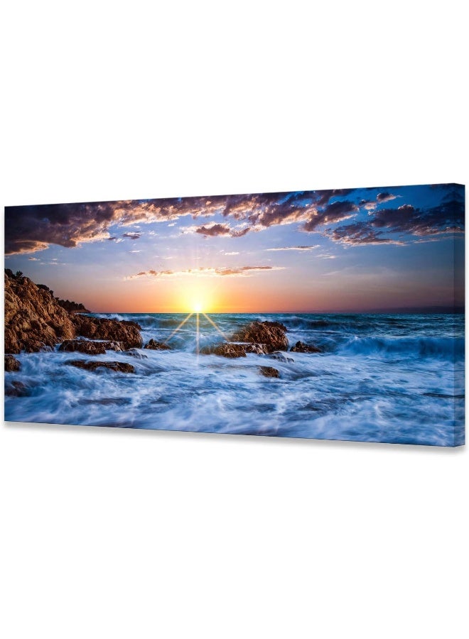 Muolunna BK05875 Wall Art Decor Canvas Print Picture Sunset Blue Ocean 1 Panel Sea Waves Scenery Painting Artwork for Office Wall Decor Home Decoration Stretched and Framed Ready to Hang 30x60inch - Image 1