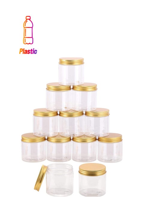 12 Pieces (350ml) Spice Storage Empty Bottle Refillable Clear Jar/Food Container/Plastic Pet Jars/Cansister Plastic Bottle with Metal Gold Lids