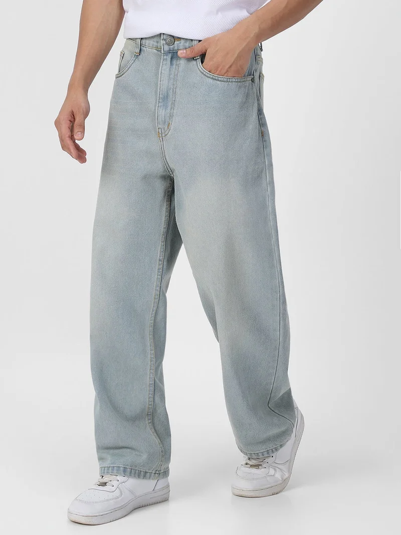 Urbano Fashion Urbano Fashion Men's Ice Blue Loose Baggy Fit Washed Jeans Non-Stretchable