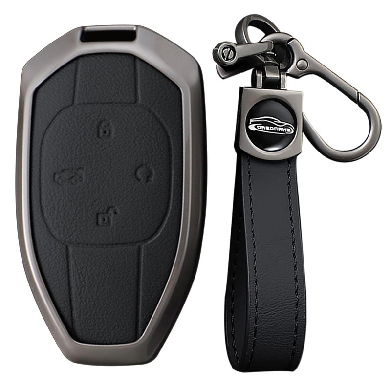 KUNIO Leather Metal Car Key Fob Cover Fit for Trumpchi GAC 2021 Empow J11 J12 GS8 GM6 Key Protective Cover Keychain Key Holder Key Cover 4 Button B Black - Image 1