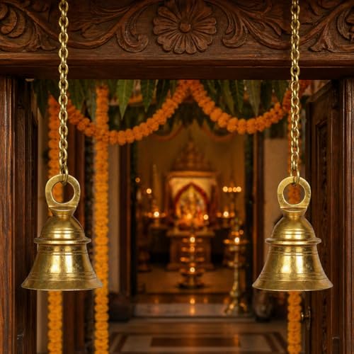 Kartique Brass Hanging Bell, Traditional Temple Bell with Chain, 20 Inch Length, Golden Color, Spiritual and Harmonic Decor for Home and Worship - Image 1