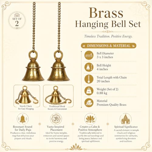 Kartique Brass Hanging Bell, Traditional Temple Bell with Chain, 20 Inch Length, Golden Color, Spiritual and Harmonic Decor for Home and Worship - Image 2