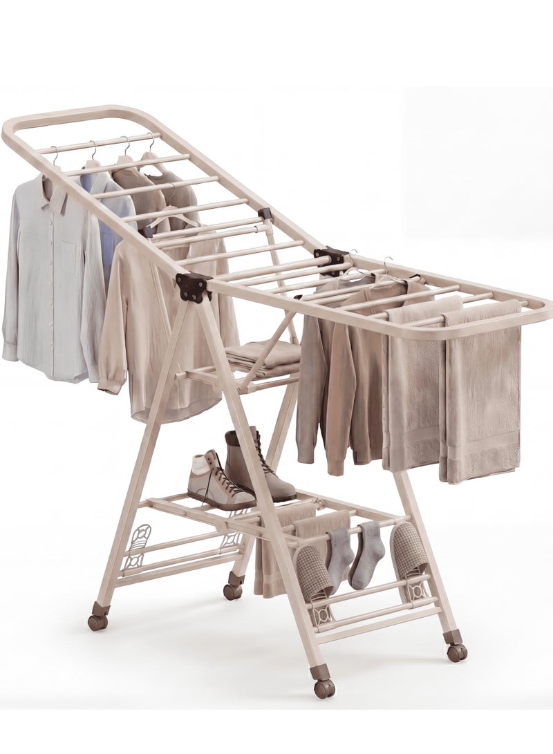 دائرة خضراء رف تجفيف ملابس قابل للطي بثلاث طبقات - بيج | حامل غسيل قابل للتعديل من الفولاذ المقاوم للصدأ مع عجلات، يوفر مساحة، للاستخدام الداخلي والخارجي (180 سم) - Image 1