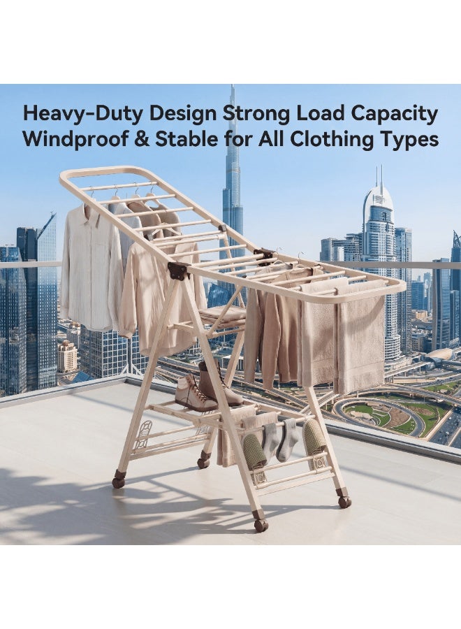 دائرة خضراء رف تجفيف ملابس قابل للطي بثلاث طبقات - بيج | حامل غسيل قابل للتعديل من الفولاذ المقاوم للصدأ مع عجلات، يوفر مساحة، للاستخدام الداخلي والخارجي (180 سم) - Image 2