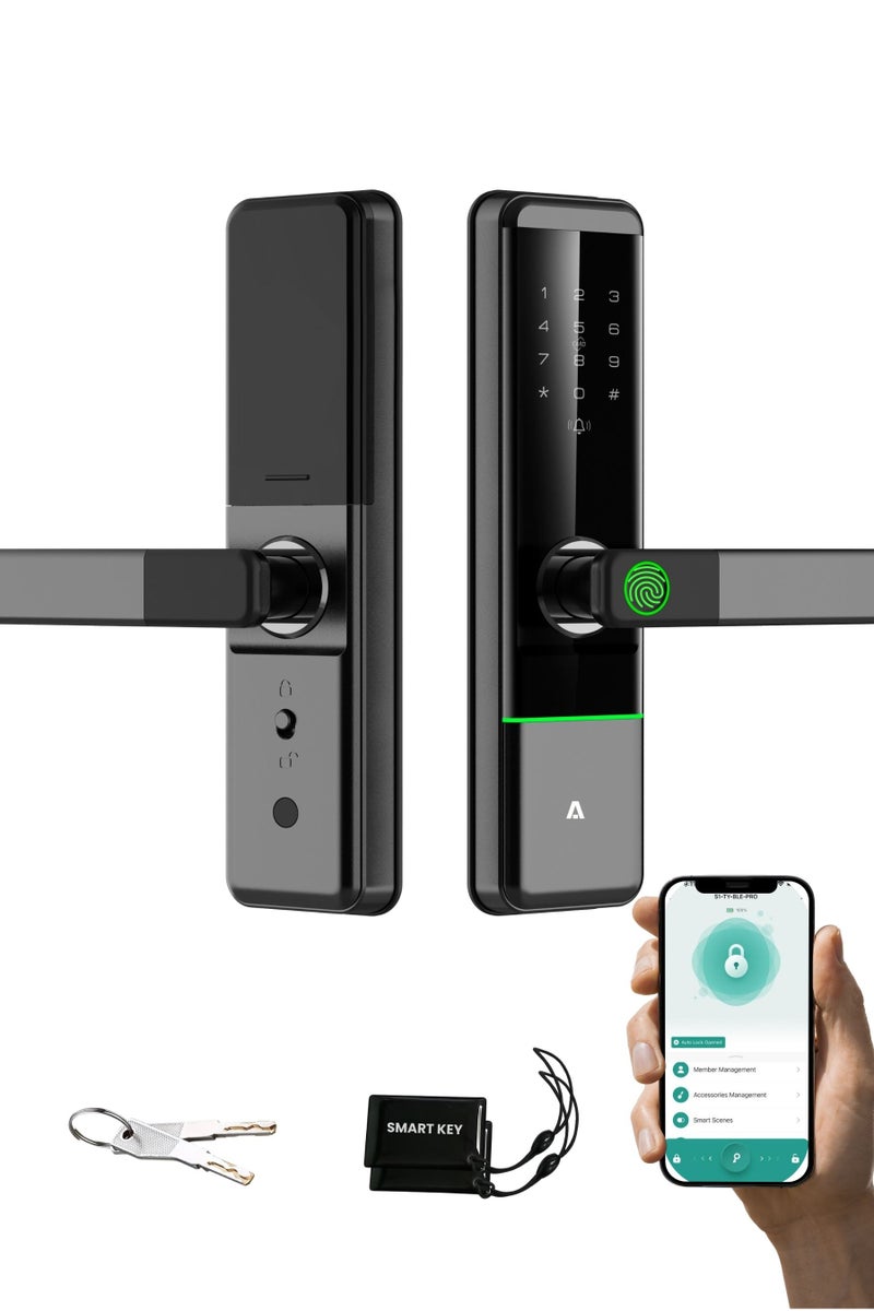 التاكس قفل الباب الذكي Altix R5 Wi-Fi مع تطبيق Tuya – دخول بدون مفتاح 5 في 1 عبر البصمة، رمز المرور، بطاقة RFID، التطبيق والمفتاح الميكانيكي بتصميم نحيف عصري للمنازل والمكاتب والشقق (أسود، NEW-TUYA-APP). - Image 1