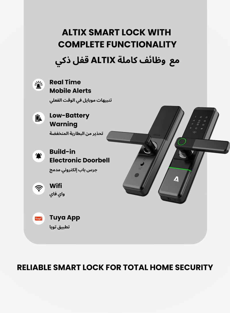 التاكس قفل الباب الذكي Altix R5 Wi-Fi مع تطبيق Tuya – دخول بدون مفتاح 5 في 1 عبر البصمة، رمز المرور، بطاقة RFID، التطبيق والمفتاح الميكانيكي بتصميم نحيف عصري للمنازل والمكاتب والشقق (أسود، NEW-TUYA-APP). - Image 3