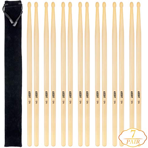 14 Packs 7pairs 5A Natural Drum SticksWood Tip Drumsticks with Waterproof BagMaple