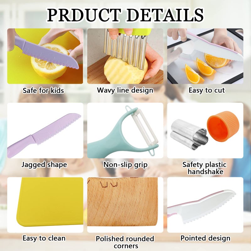 RISICULIS 11 Pieces Wooden Kids Kitchen Knife, Pink Kids Knife Set Include Wood Kids Knife, Serrated Edges Plastic Toddler Knife, Crinkle Cutter, Sandwich Cutter, Y Peeler, Cutting Board - Image 2