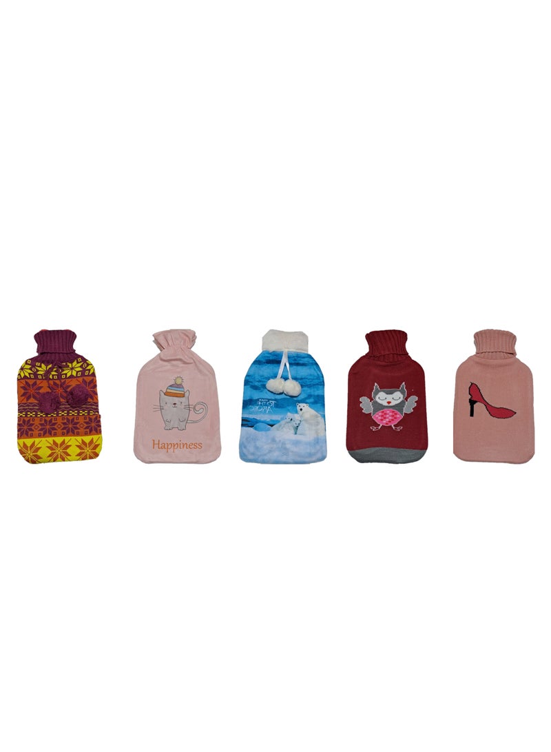 Generic hot water bottles/bags with decorative fleece covers featuring different designs (snowflakes pattern, polar bears, owl, and high heel shoe) 