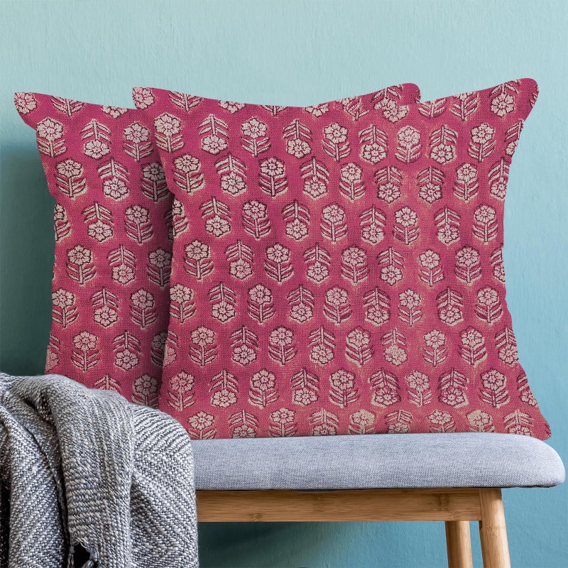 AEIOAE Hot Pink Pillow Covers 18x18 Inch Set of 2,Preppy Boho Vintage Floral Throw Pillows Case,Flower Rustic Seasonal Spring Summer Outdoor Decorative Farmhouse Decor Cushion Covers for Sofa Couch - Image 2