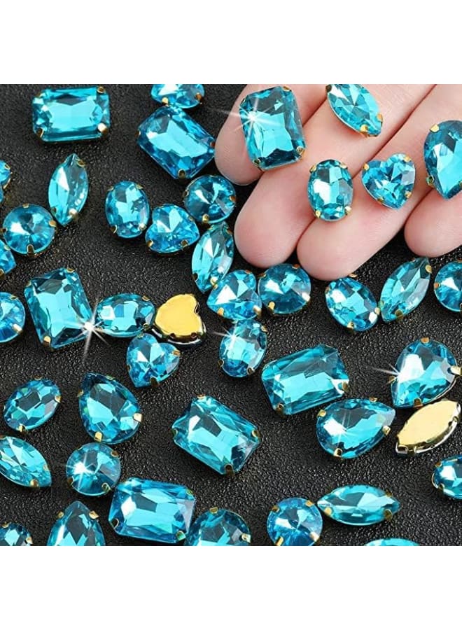 Sew On Rhinestones, 48PCS Large Sew On Glass Rhinestone Gold Metal Back Sew on Gems Jewels Mixed Shapes for Costume, Clothes, Garments, Dress, Earring, Belt and Shoes 