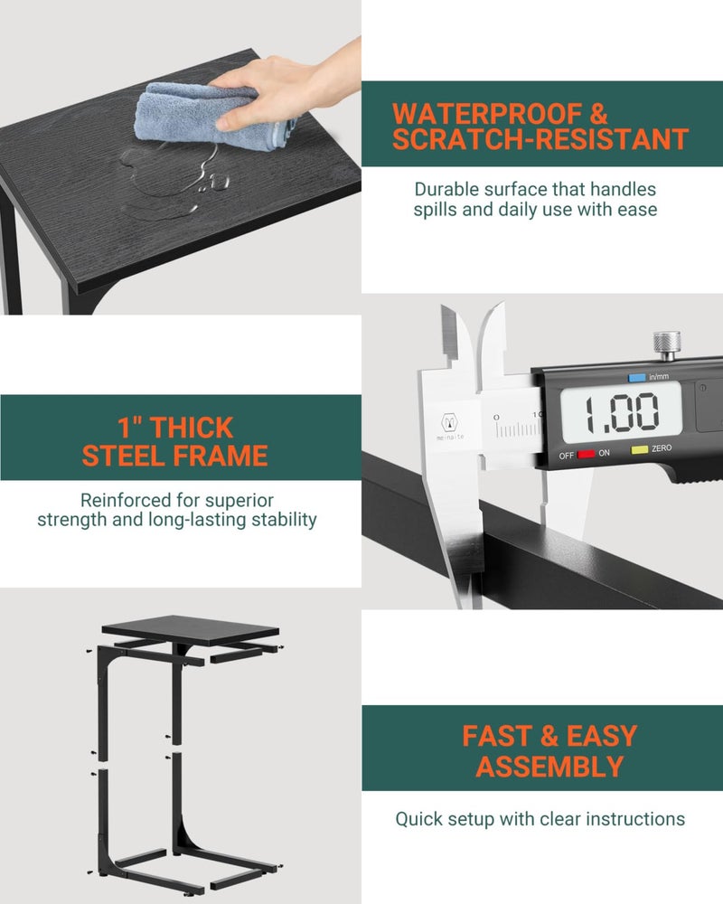 RISWER C-Shaped Side Table for Couch - Small Coffee Stand Sofa Tray Desk with Metal Frame and Waterproof Scratch Resistant, Modern End Accent for Living Room, Bedroom, Set of 2, Black - Image 2
