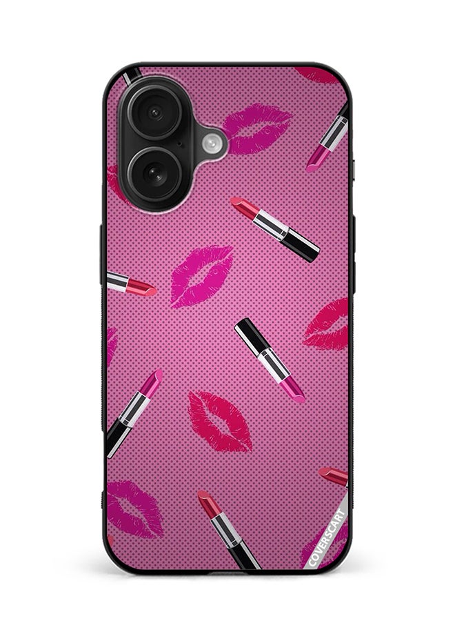 Protective Case Cover For Apple iPhone 16 Lipstick Tags Design Pink