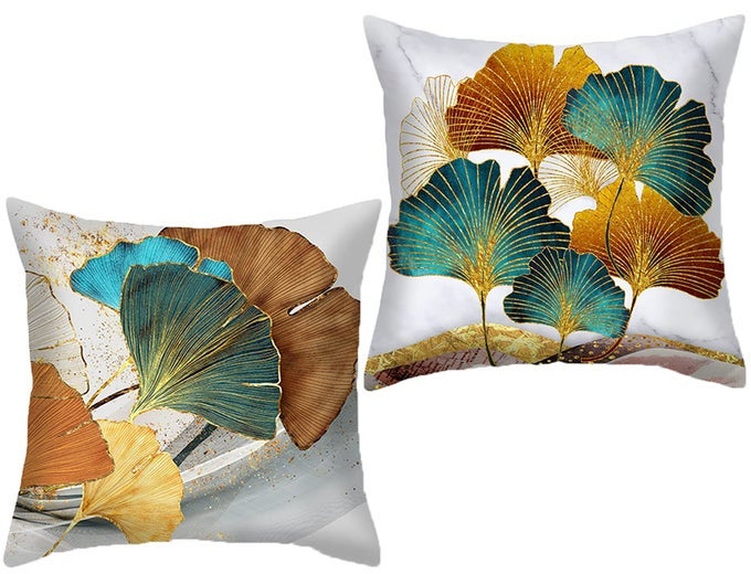 THROW PILLOW COVER FARHOUSE PLANT LEAVES 18 X 18 INCH GOLD GINKGO LEAF PILLOW CUSHION COVER SET OF 2 SQUARE MARBLE PILLOW CUSHION CASE GREAT FOR SOFA BEDROOM CHAIR YARD OUTDOOR DECOR