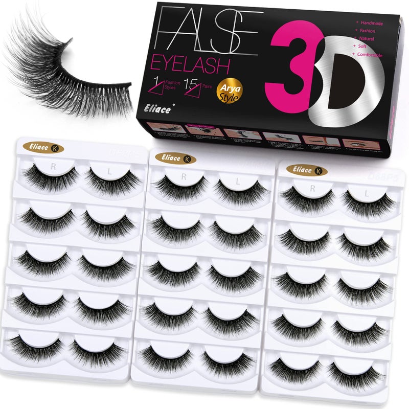 Eliace False Eyelashes Natural look Cat Eye Lashes Wispy Strips3D Mink Lashes Fake Eyelashes Volume Fluffy Thin Soft Band Comfortable Long Thick Dramatic Cross Eyelash Reusable15 Pairs Arya Style