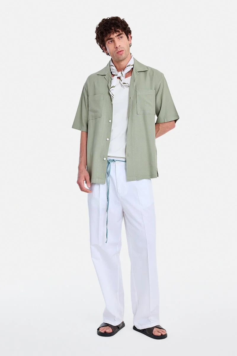 سنيتش Sage Green Textured Half Sleeve Boxy Vacation Shirt