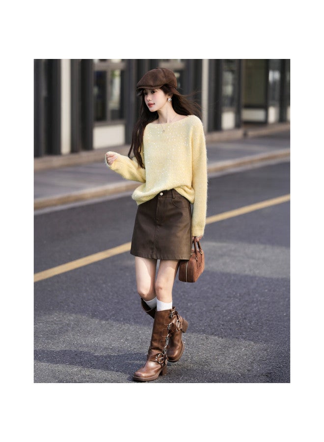 Mt Autumn Elegant Sequin Crew Neck Knit Sweater With Fluffy Wool, Soft And Loose Fit Women's Top - Image 3