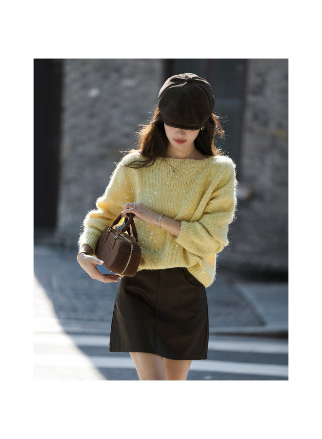 Mt Autumn Elegant Sequin Crew Neck Knit Sweater With Fluffy Wool, Soft And Loose Fit Women's Top - Image 1