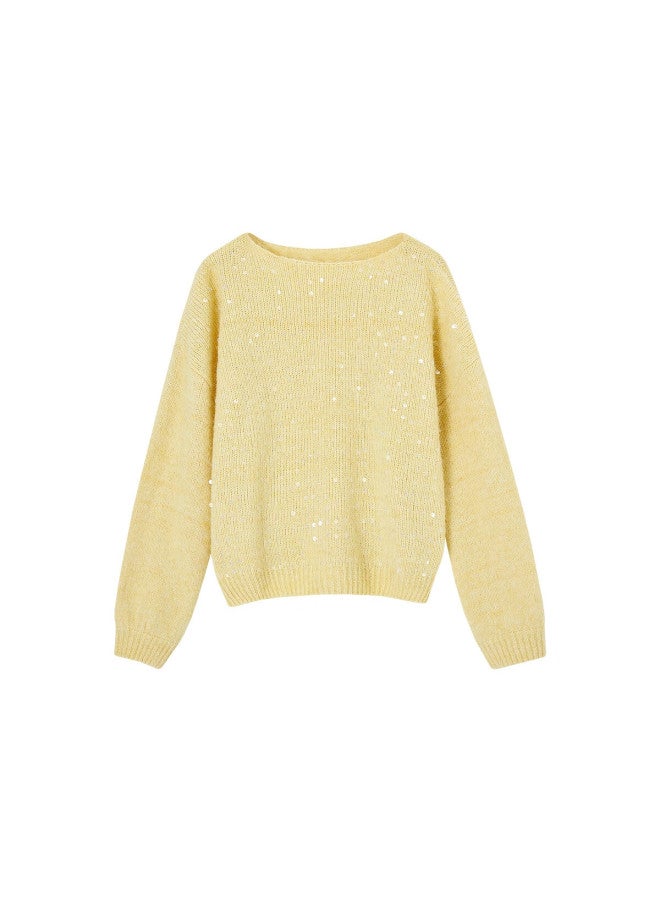 Mt Autumn Elegant Sequin Crew Neck Knit Sweater With Fluffy Wool, Soft And Loose Fit Women's Top - Image 5