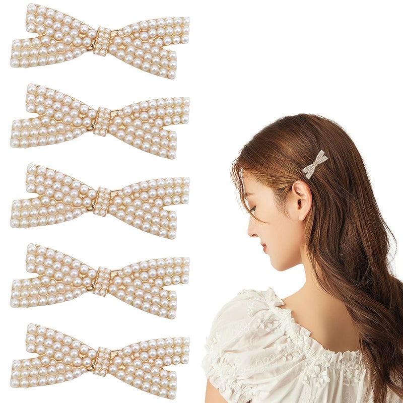 Aswewamt 5 Pcs Pearl Bow Hair Clips Duckbill Hair Claw Clips Gold Metal Hair Clip Elegant Cute Hair Pins Hair Accessories Headwear Styling Tools Gifts for Little Girls Women
