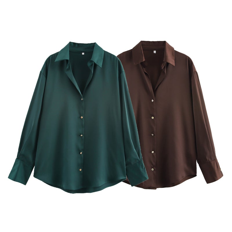 2025 Spring And Style Women'S Fashion Joker Single-Breasted Silk Satin Texture Shirt - Image 3
