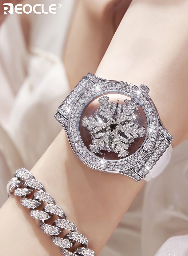 ريوكل ساعة يد للنساء بتصميم دائري على شكل ثلج مع تصميم فارغ ورقاقات زين بأحجار الراين لساعات يومية ورسمية للنساء - Image 3