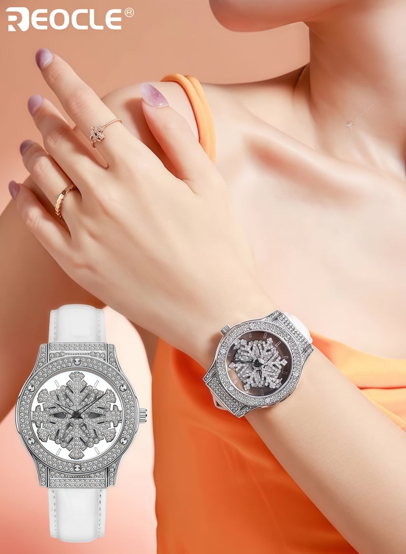 ريوكل ساعة يد للنساء بتصميم دائري على شكل ثلج مع تصميم فارغ ورقاقات زين بأحجار الراين لساعات يومية ورسمية للنساء - Image 1