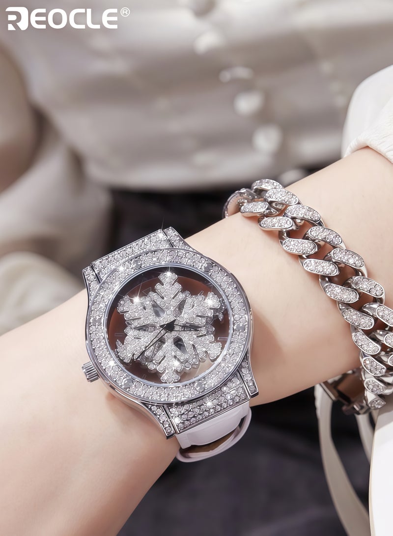 ريوكل ساعة يد للنساء بتصميم دائري على شكل ثلج مع تصميم فارغ ورقاقات زين بأحجار الراين لساعات يومية ورسمية للنساء - Image 2