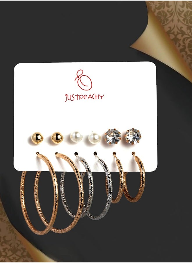 Just Peachy Just Peachy Gold Plated Earrings for Women & Girls, Ear Bali for Ladies, Latest Design, 2 Gold-Plated Spherical Shaped Studs In Gold & White Beads Earrings for Birthdays Gifts, Anniversary, Pack of 6  - Image 3
