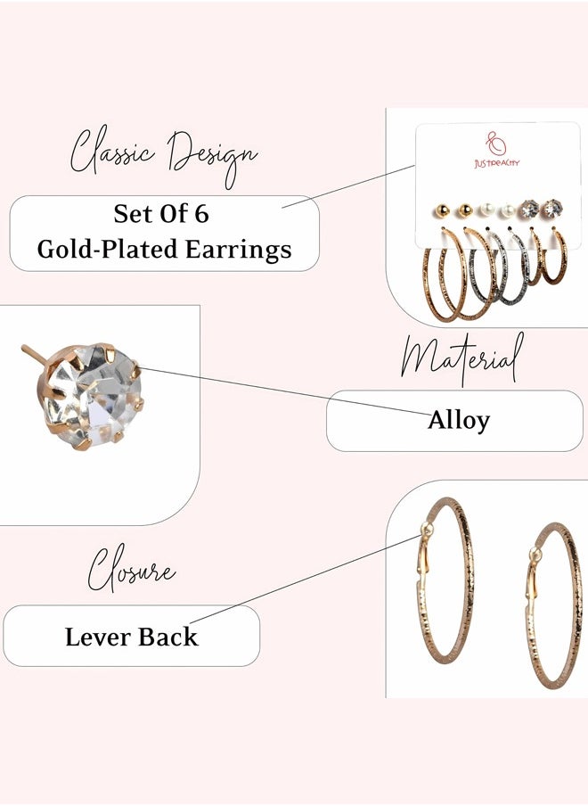 Just Peachy Just Peachy Gold Plated Earrings for Women & Girls, Ear Bali for Ladies, Latest Design, 2 Gold-Plated Spherical Shaped Studs In Gold & White Beads Earrings for Birthdays Gifts, Anniversary, Pack of 6  - Image 4