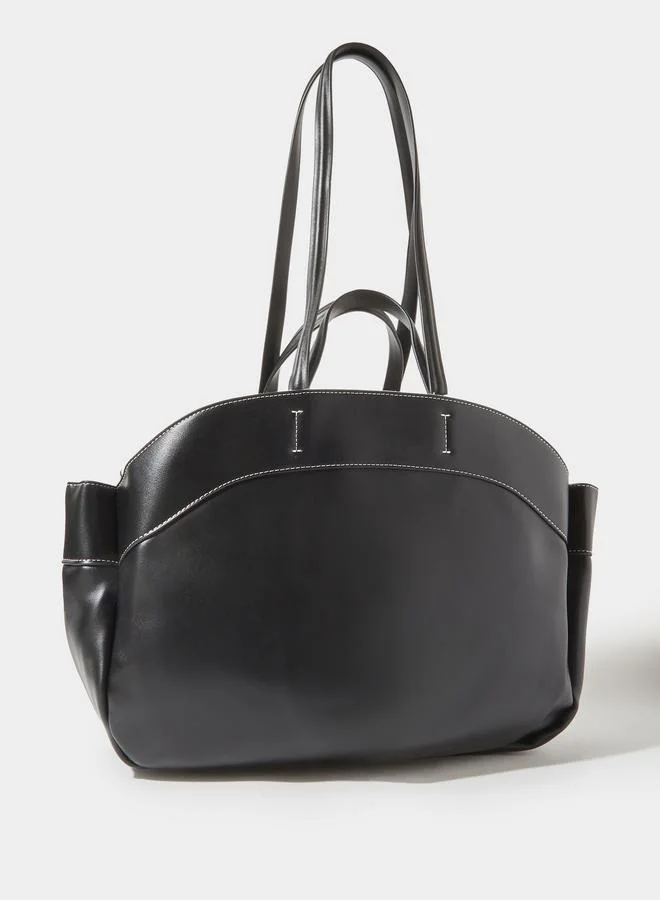 ستايلي Black Faux Leather Contrast Stitching Structured Tote Bag