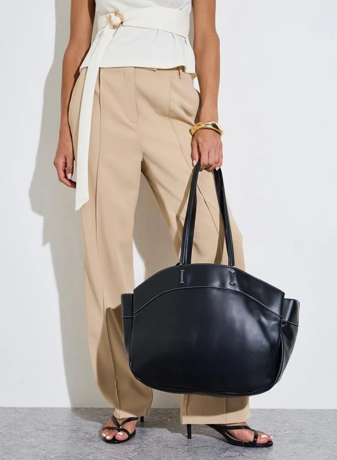 ستايلي Black Faux Leather Contrast Stitching Structured Tote Bag