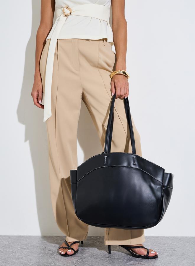 Styli Black Faux Leather Contrast Stitching Structured Tote Bag - Image 2