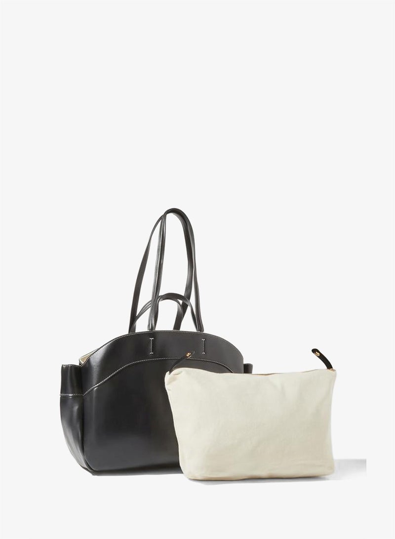 Styli Black Faux Leather Contrast Stitching Structured Tote Bag - Image 3