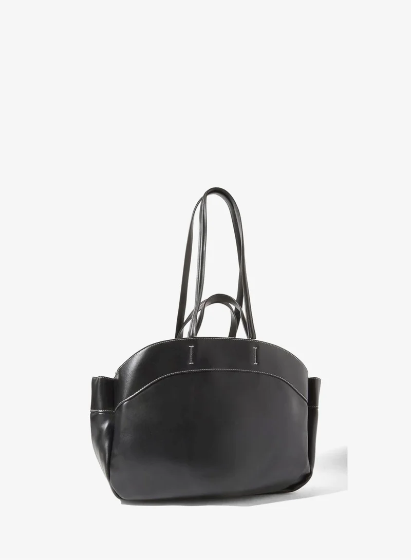 Styli Black Faux Leather Contrast Stitching Structured Tote Bag