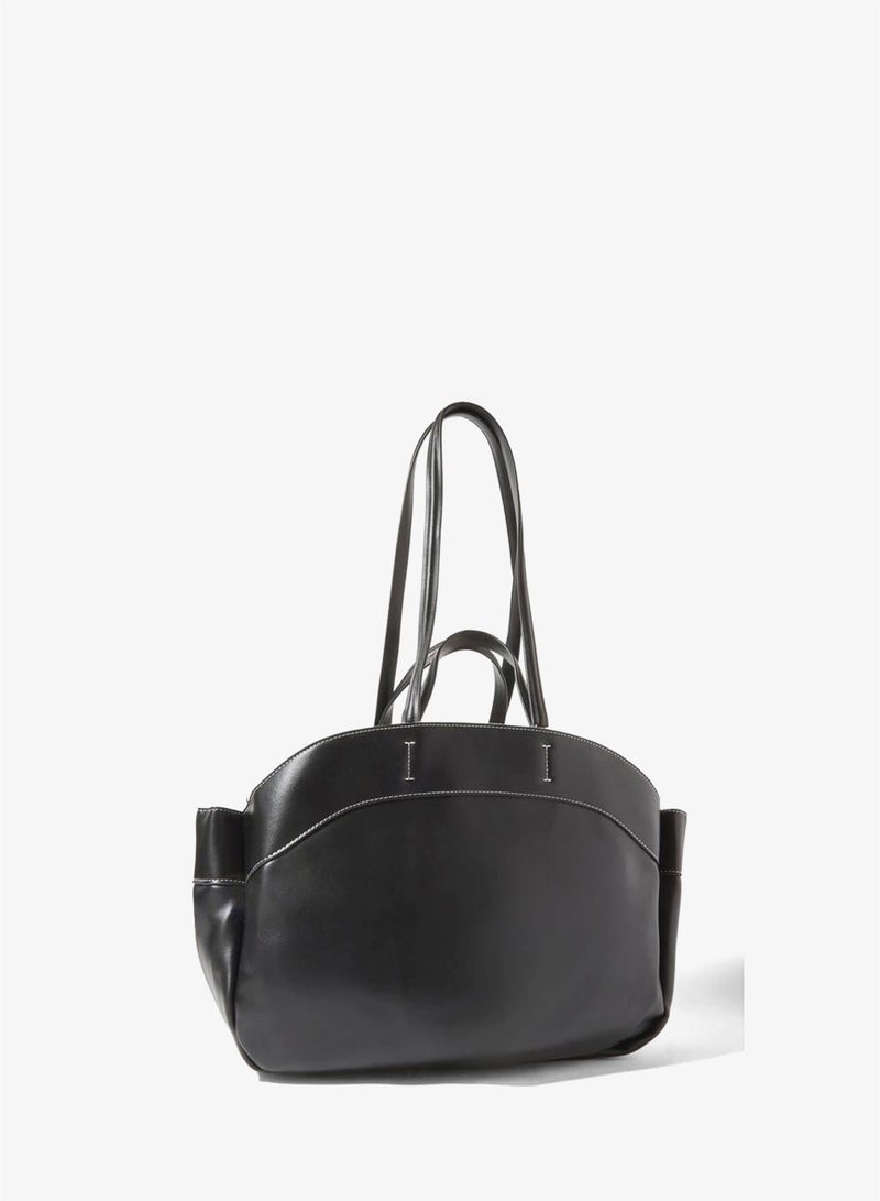 Styli Black Faux Leather Contrast Stitching Structured Tote Bag - Image 1