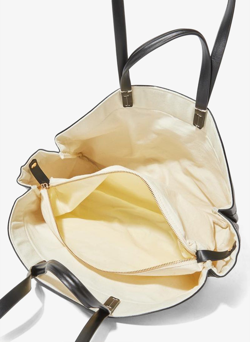 Styli Black Faux Leather Contrast Stitching Structured Tote Bag - Image 4